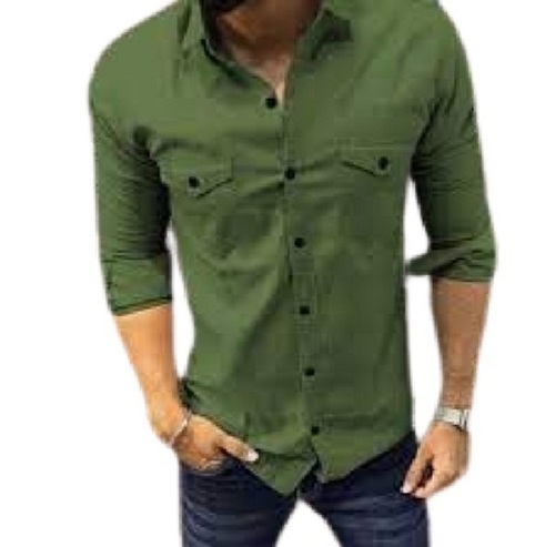 Breathable Plain Full Sleeve Straight Collar Cotton Casual Shirt For Men - Cotton, Sizes S-XXL, Green | Features: Breathable, Cool Pass, Plain Dyed
