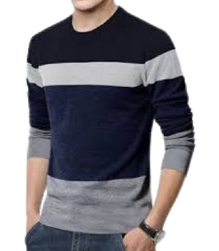Cotton Long Sleeve Striped T-Shirt - Size S, M, L, XL, XS | Navy Blue and Grey, O-Neck Collar, Soft Breathable Fabric, Casual to Smart Look