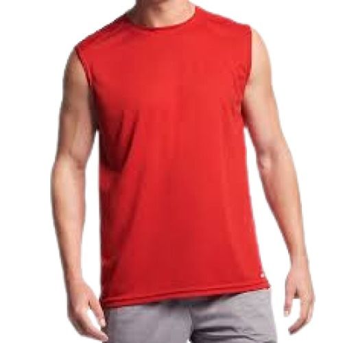 Red Casual Wear Round Neck Sleeveless Plain Pattern Cotton T-Shirts For Men