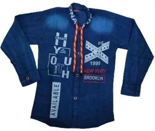 Full Sleeves Straight Closure Unfadable Printed Denim Shirt For Kids