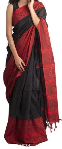 Black With Red Ladies Casual Wear Plain Handloom Cotton Saree