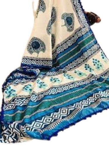 White With Blue Ladies Comfortable Soft Summer Season Causal Wear Cotton Silk Printed Saree