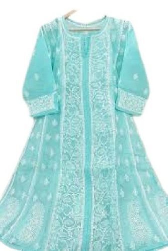 Ladies Embroidered 3-4Th Sleeve Party Wear Sky Blue Georgette Chikan Kurti Decoration Material: Sequins