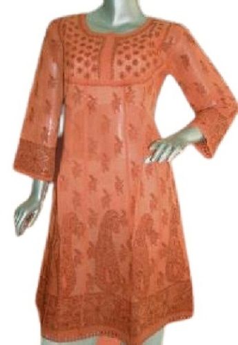 Breathable Ladies Printed 3-4Th Sleeve Casual Wear Orange Georgette Chikan Kurti