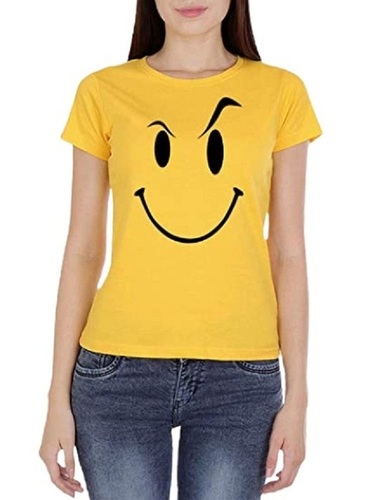 Ladies Cotton Round Neck Printed T-Shirt - Short Sleeves, Yellow Color, Available in S, M, L, XL Sizes