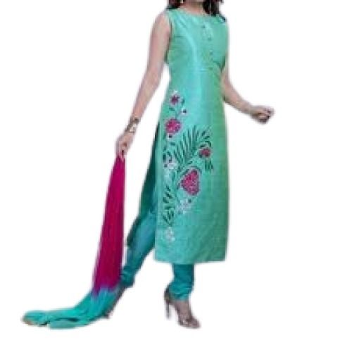 Ladies Sleeveless Breathable Embroidered Pattern Silk Stylish Churidar Suit