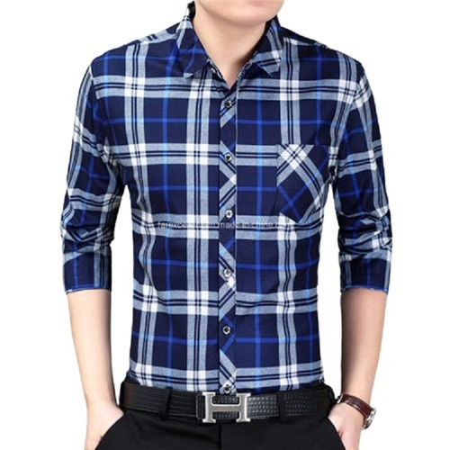 Mens Checked Casual Wear Full Sleeve Cotton Shirt - Cotton, 28.5 Inch Length, Blue Color | Breathable, Printed Design, Available in L, M, S, XL Sizes