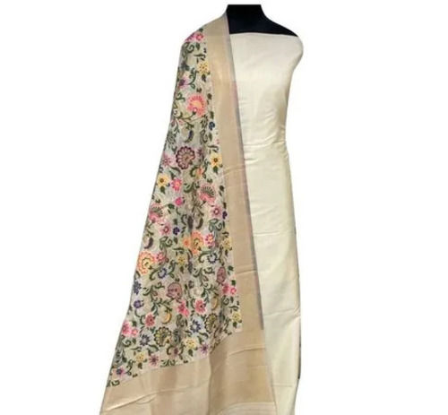 Plain Cotton Silk Unstitiched Suit With Matching Printed Dupatta For Ladies
