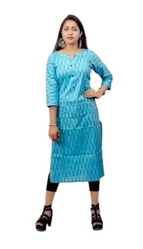 Sky Blue 3/4Th Sleeve Daily Wear Printed Silk Cotton Kurtis