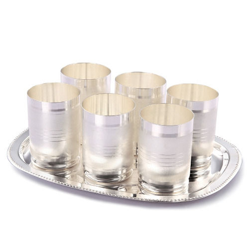 3 Inch Size Six Silver Plated Amrapali Glass Set With Tray