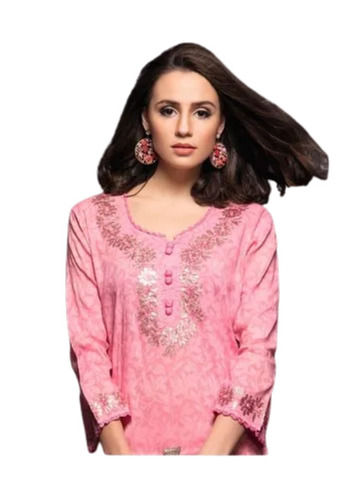 Pink 36 Inches Washable Party Wear Plain Embroidered Cotton Kurti For Ladies