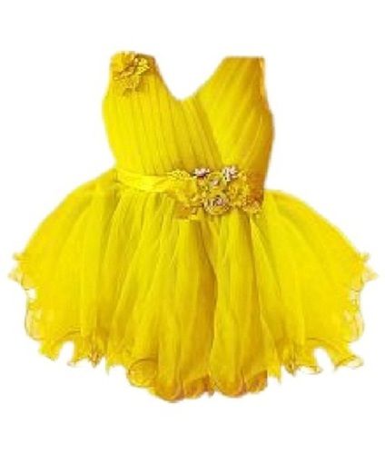 Yellow Baby Breathable Winter Season Trendy Fancy Silk Sleeveless Party Wear Frock