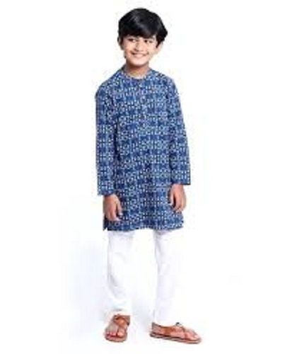 Casual Wear Round Neck Long Sleeve Printed Cotton Kurta With White Pajama