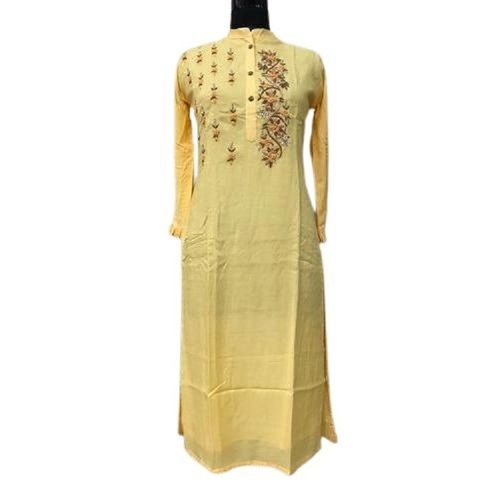 Yellow Embroidered Long Sleeve Cotton Fancy Casual Kurti For Ladies