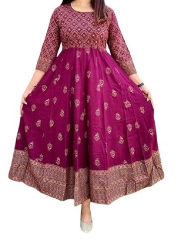 Pink Ladies Printed Long Sleeve Cotton Anarkali Kurti