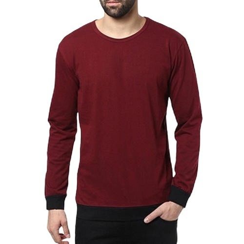 Long Sleeve Modern Round Neck Impressive Plain Pattern Cotton T Shirt