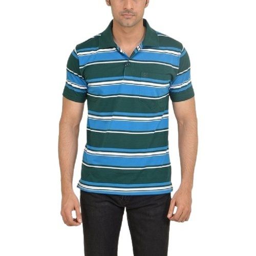 Blue With Green Striped Pattern Polo Neck Collar Short Sleeve Comfortable Cotton T Shirts