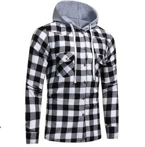Checked Full Sleeves Button Closure Cotton Hooded Shirt For Men