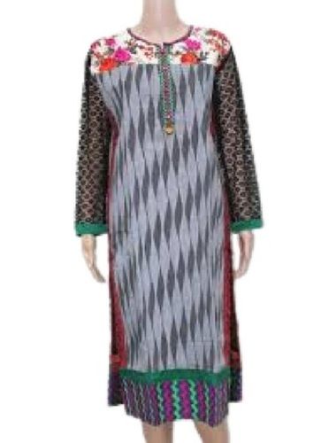 Breathable Ladies Grey With Black Printed Long Sleeve Designer Cotton Kurti