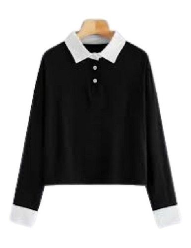 Ladies Plain Black With White Polo Neck Long Sleeve Cotton T Shirt Gender: Female