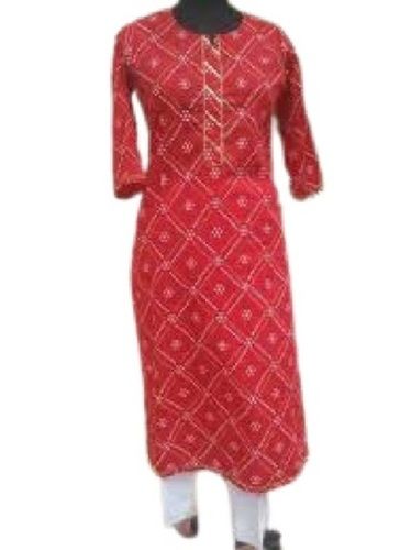 Quick Dry Ladies Red Printed 3-4Th Sleeve Breathable Cotton Bandhej Kurti