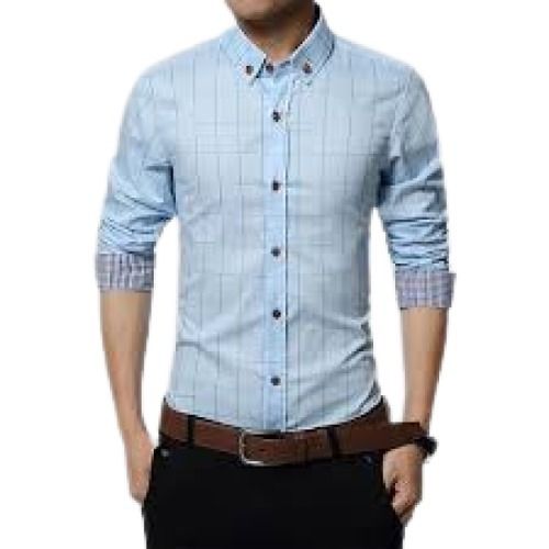 Mens Checked Blue Full Sleeve Polyester Shirt Collar Style: Straight