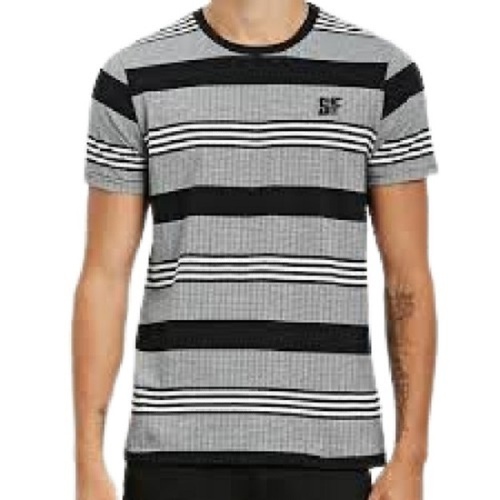 Mens Round Neck Short Sleeve Striped Cotton T-Shirt - Cotton, Sizes S to XL, Black with Grey, O-Neck, Soft and Durable Design