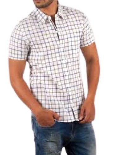 Mens White With Blue Checked Casual Wear Half Sleeve Cotton Shirt