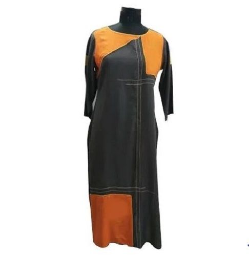 Orange And Black Round Neck Plain Cotton Casual Long Kurti