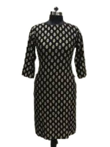 Black With Golden 3/4Th Sleeves Breathable Printed Cotton Fabric Kurti