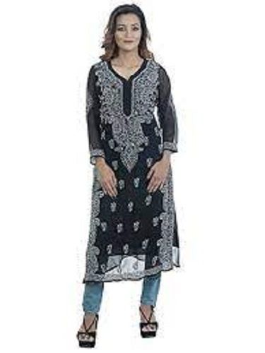 Black 38-40 Inch Length Full Sleeves Chiffon Fabric Printed Pattern Ladies Casual Kurti