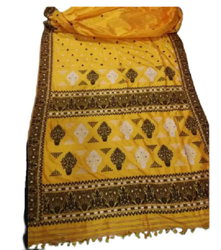 Yellow Casual Wear Cotton Silk Printed Assam Silk Saree For Ladies