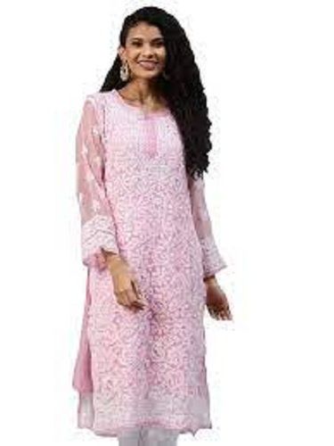 Casual Wear Pure Polyester Material Full Sleeves Ladies Chikan Kurti Bust Size: 15 Inch (In)