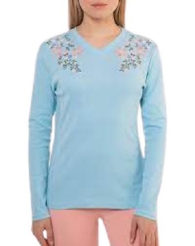 Ladies Embroidered V Neck Long Sleeve Sky Blue Cotton T Shirt Gender: Female