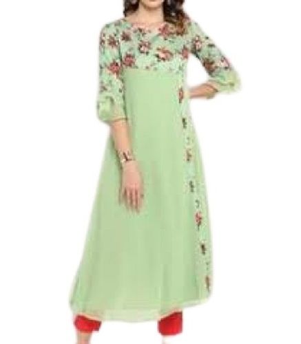 Washable Ladies Casual Floral Printed 3-4Th Sleeve Green Rayon Kurti