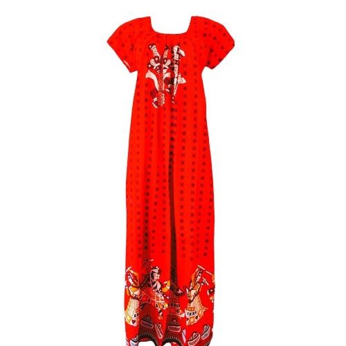 Summer Ladies Printed Short Sleeve Red Cotton Nighty