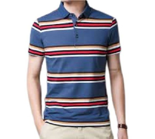 Blue Mens Striped Polo Neck Comfortable Short Sleeves T Shirt