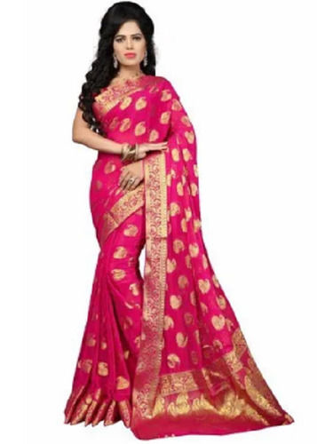 Pink Party Wear Art Silk Banarasi Printed Nylon Saree For Ladies