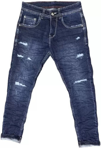 Blue Washable Button Closure Party Wear Cotton Ripped Jeans For Mens