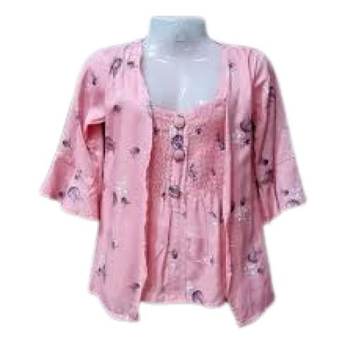 Light Pink Ladies Causal Wear Round Neck Half Sleeve Printed Cotton Fancy Tops