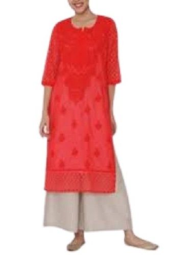 Ladies Embroidered 3-4Th Sleeve Casual Wear Georgette Red Kurti Decoration Material: Laces