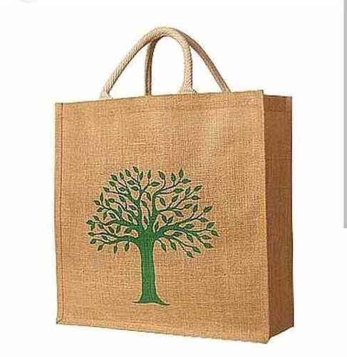 Machine Made Open Closure Rope Handle Tree Printed Jute Bags