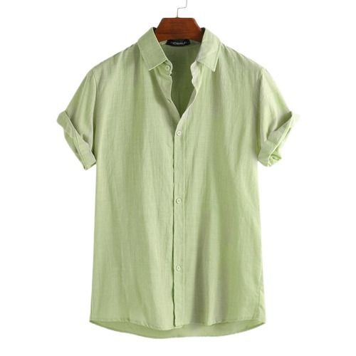 Plain Washable Short Sleeve Casual Wear Green Linen Formal Shirt For Men Collar Style: Straight