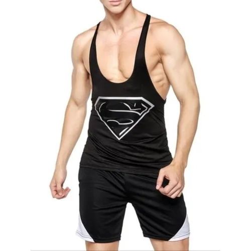 Black 27 Inches 100% Cotton Printed Classic Comfortable Sleeveless Gym Vests For Mens