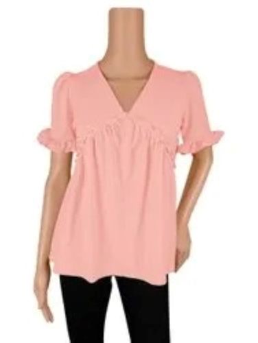 Pink Casual Wear 20-25 Inches Plain Dyed Modern Short Sleeves Top For Women