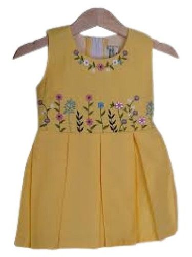 Kids Embroidery Yellow Breathable Sleeveless Cotton Frock 