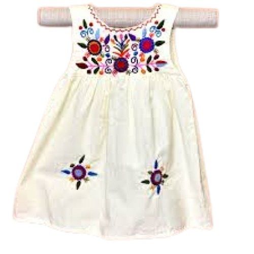 Kids White Sleeveless Modern Embroidery Casual Wear Cotton Frock Age Group: 1-3