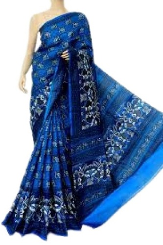 Summer Ladies Navy Blue Casual Wear Printed Handloom Silk Saree