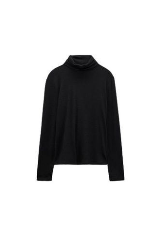 Black Long Sleeve Plain Pattern High Neck Cotton Fabric T Shirt For Women