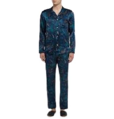 Quick Dry Mens Navy Blue Printed Long Sleeve Breathable Cotton Night Suit